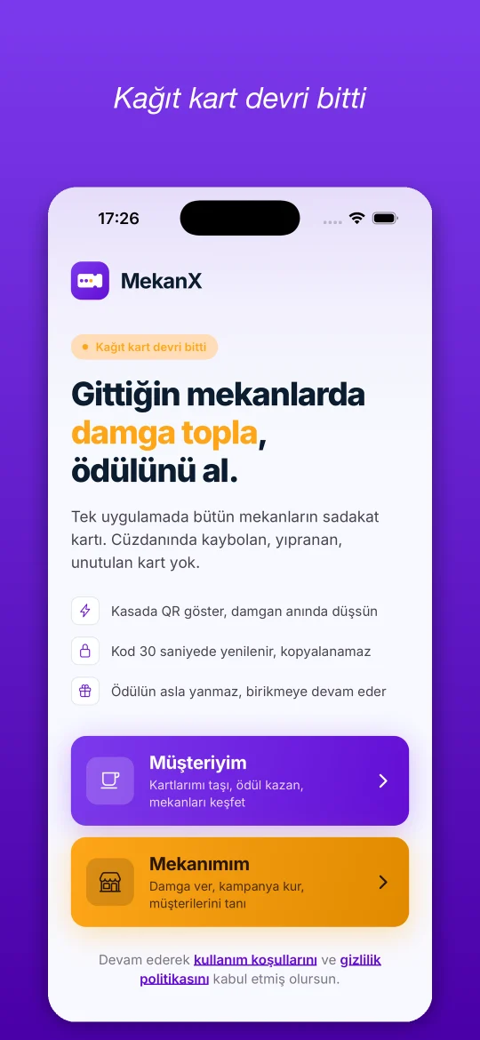 MekanX müşteri ve mekan giriş ekranı